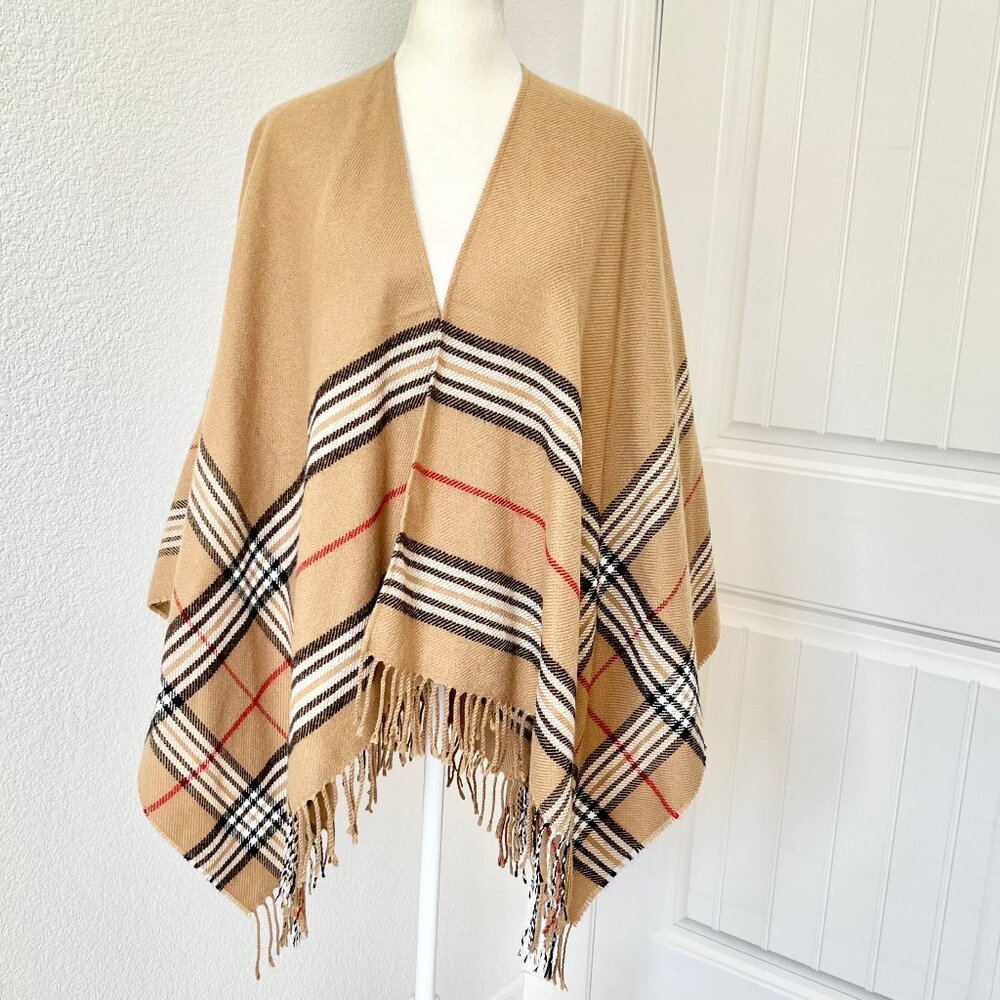 V. FRAAS German Made Camel Plaid Woven Fringe Acrylic Ruana Shawl Wrap- One Size